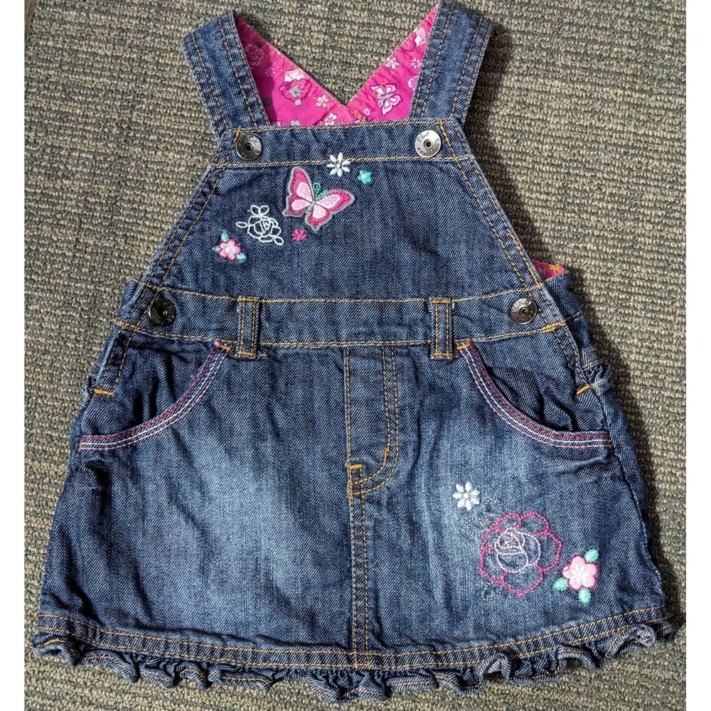 The Childrens Place Overall Skirt 6-9 Months Denim Embroidered Flowers Ruffled